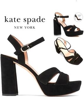 Kate Spade Delight Black Suede Platform Heels Block Heel Ankle Strap Sandals 10